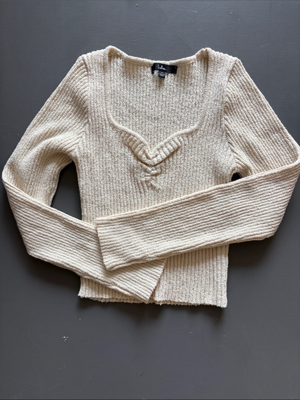 Lulus Cream Ribbed Knit Sweetheart V-Neck Cropped Sweater Size L